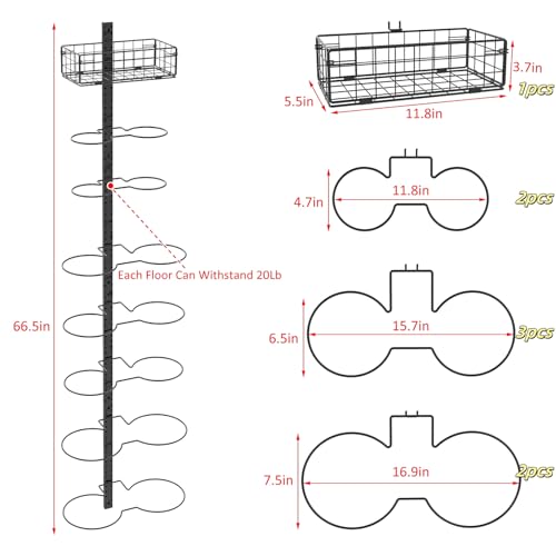 8 Tier Detachable Wall Mounted Basketball Rack, Vertical/Horizontal Football Holder, Holds 14 Balls DIY 1/2/3/4 Soccer Stand, Height-Adjustable Ball Rack with Basket for Garage, Tool Room, Metal-Black