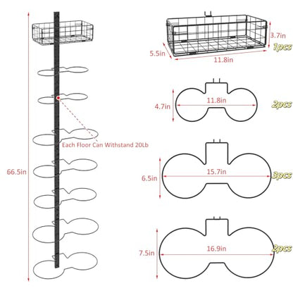8 Tier Detachable Wall Mounted Basketball Rack, Vertical/Horizontal Football Holder, Holds 14 Balls DIY 1/2/3/4 Soccer Stand, Height-Adjustable Ball Rack with Basket for Garage, Tool Room, Metal-Black