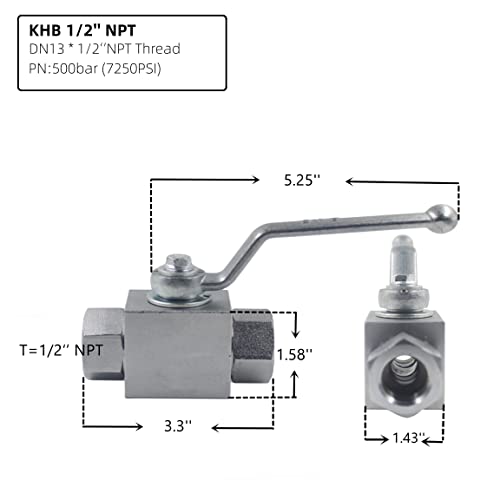 High Pressure Hydraulic Ball Valve KHB 1/2'' NPT, Shut-Off 2 Way Ball Valve, 1/2 Inch Hydraulic Valve 7250 PSI - size: KHB 1/2NPT(2 Way)