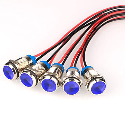 Gebildet 5pcs 10mm Energy-saving LED Metal Indicator Light AC/DC 12-24V Waterproof Signal Lamp with Wire(Blue) - color: Blue AC/DC 12-24V