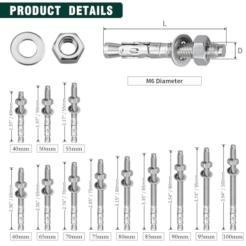 12-Pack M6-1.0 x 70 Wedge Anchors, Stainless Steel 304 (18/8), Concrete Anchor for Heavy-Duty Projects - size: M6-1.0 x 70