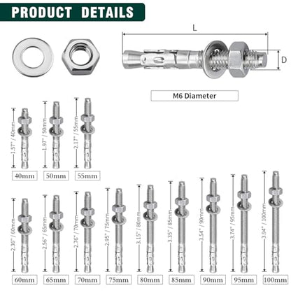 12-Pack M6-1.0 x 70 Wedge Anchors, Stainless Steel 304 (18/8), Concrete Anchor for Heavy-Duty Projects - size: M6-1.0 x 70