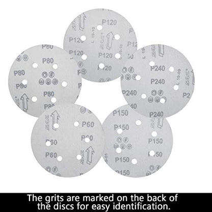 100 PCS 6 Inch 6 Holes Sanding Disc Assorted - 60 80 120 150 240 Grits, 6" Hook & Loop Backing Random Orbital Sandpaper Sander Paper for Automotive Paint, Woodworking Wood, Metal