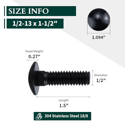 1/2-13 x 1-1/2" (8 Sets) Carriage Bolts Black, 304 (18/8) Stainless Steel Carriage Screws with Hex Nuts and Flat Washers, Square Neck Round Dome Head, Coarse Thread - size: 1/2-13 x 1-1/2"