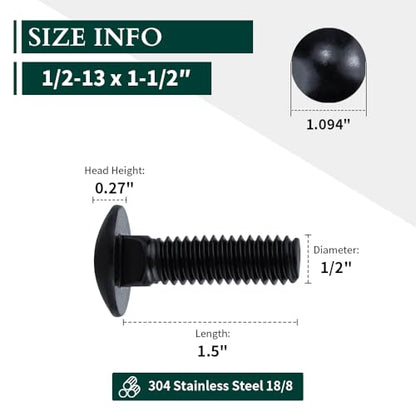 1/2-13 x 1-1/2" (8 Sets) Carriage Bolts Black, 304 (18/8) Stainless Steel Carriage Screws with Hex Nuts and Flat Washers, Square Neck Round Dome Head, Coarse Thread - size: 1/2-13 x 1-1/2"