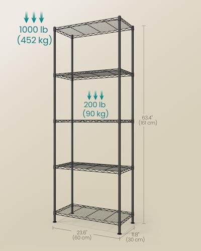 SONGMICS 5-Tier Storage Shelves, Adjustable Wire Shelving Unit, 8 Hooks - color: Ink Black, size: 5 Tiers (11.8"D x 23.6"W)