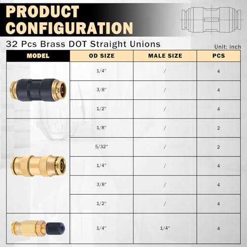 CheeMuii 32PCS Brass DOT Air Line Fittings DOT Quick Connect Straight Union - color: Gold, size: 32 PCS
