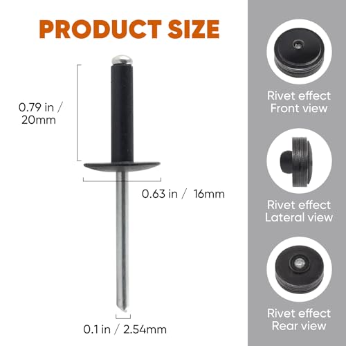 ALLCLEAN (90 pcs) 3/16 * 3/4" Large Flange Open End Black Aluminum Blind Rivets,4.8 * 20 Pop Blind Rivet - color: Black, size: 3/16"*3/4"