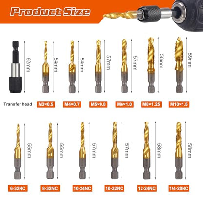 13PCS Titanium Drill Tap Set, HSS SAE & Metric Drill and Tap Bits with Quick Change Adapter, 3-in-1 Tool for Drilling, Tapping, Countersinking for Metalworking (Black) - style: 13pcs-Black