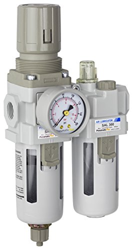 PneumaticPlus SAU310-N03G Compressed Air Filter Regulator Lubricator Piggyback Combo 3/8" NPT - Poly Bowl, Manual Drain, Bracket, Gauge