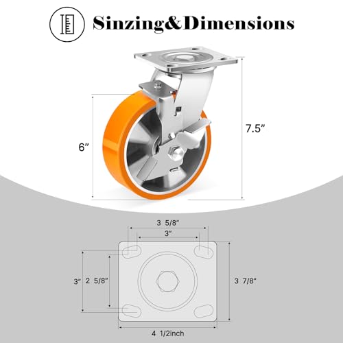W B D WEIBIDA 6 Inch Heavy Duty Caster Set 5000lbs, Polyurethane Wheel with Aluminum Core, Double Ball Raceway Swivel Casters, Non-Marking & Maintenance-Free for Hospital, Laboratory & Industrial Use - size: 6 IN
