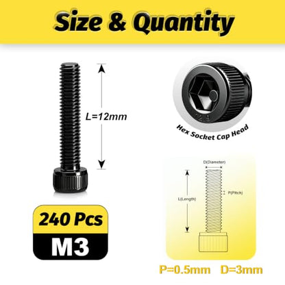KADRICK 240PCS M3 x 12mm Hex Socket Head Cap Screws, M3-0.5 Fully Threaded - size: M3x12MM 240PCS