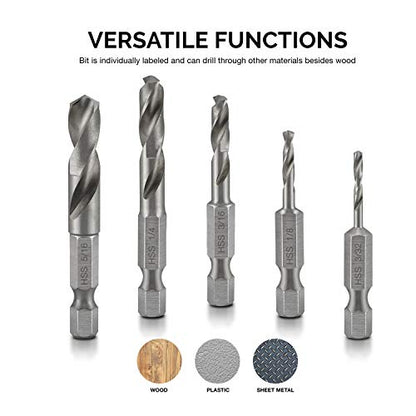 NEIKO 11402A Stubby Drill Bit Set for Metal, 5 Piece 1/4" Quick Change Hex Shank, M2 High Speed Steel for Quick Change, Chucks and Drives Drill Bit Holder Included, Hex Shank Drill Bit Set - size: 5 Piece, style: Stubby