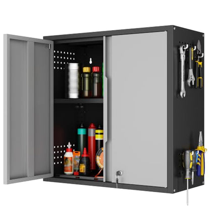 Garage Wall Cabinet with 2 Doors, Metal Wall Cabinet with Lock - color: Black Gray, size: 26''h wall cabinet