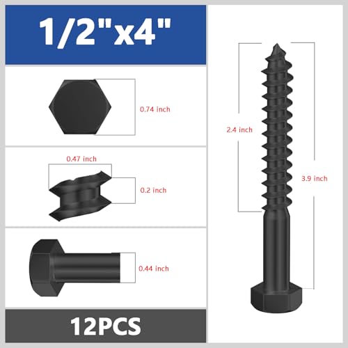 Wensilon Lag Screws Wood Screws (12PCS, 1/2"x4", Black) Hex Head Lag Bolts,(12x100) Heavy Duty Lag Screws,304 Stainless Steel Bolts 18-8 - color: Black, size: 1/2"x4"