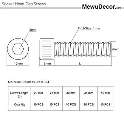 50 PCS Socket Head Cap Screw Assortment Set, M6 x 20mm, 25mm, 30mm, 35mm, and 40mm, Stainless Steel 304, Bright Finish - size: Assortment 20mm to 40mm