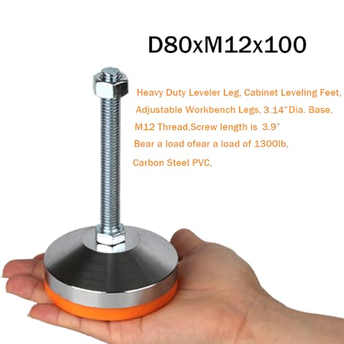 Heavy Duty Leveling Feet,M12 Thread,3.14" Dia Base,4 Pack - size: D80xM12x100,4 Pack
