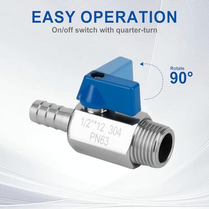 2Pack 1/2" Hose Barb to 1/2" NPT Male Mini Ball Valve 304 Stainless Steel Shut Off Valve with Clamps Kit for Air Water Fuel Gas (1/2" Barb x 1/2" NPT Male) - size: 1/2" Barb x 1/2" NPT Male