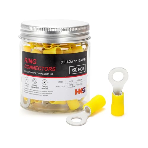 HKS 60PCS Insulated Ring Terminal 1/4" Yellow 12-10 AWG - M6 - Tinned Red Copper - Electrical Wire Connector Kit Crimp PVC - color: Yellow, size: 1/4"(M6)