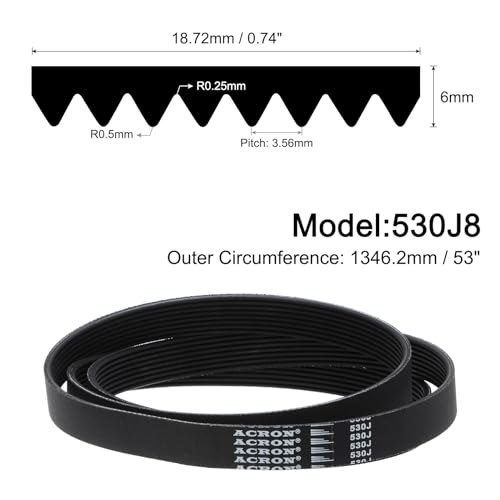 uxcell 530J8 PJ V-Ribbed Belt 8 Ribs 53" Length x 0.74" Width x 0.14" Thick, EPDM Poly V Belt, Industrial Transmission Serpentine Belt - size: 530J8