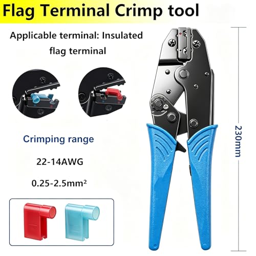 smseace Flag Terminal Crimper AWG 22-14 (0.5-2.5mm²) Electrical Crimping Tool for right angle spade connector Ratchet Terminal Crimper - color: Blue