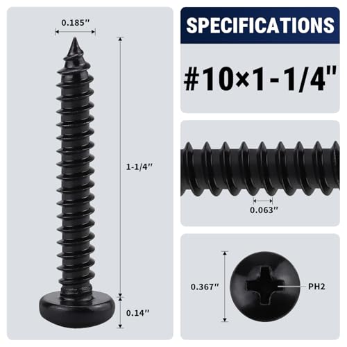 #10 x 1-1/4" (50 Pack) Stainless Steel Pan Head Self Tapping Screws, 304 SS (18-8) Black Coated, Phillips Drive Round Head Corrosion Resistant Screws for Wood & Sheet Metal - size: #10 x 1-1/4"