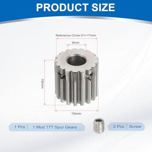 uxcell 1 Mod 17T Spur Gear 8mm Bore, 304 Stainless Steel Pinion Gear - size: 1 Mod 17T, 8mm