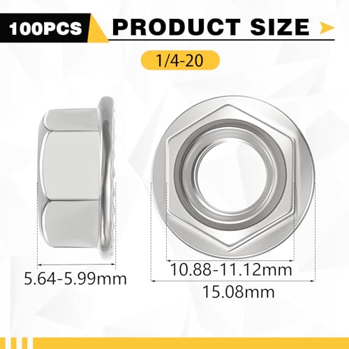 100 Pcs 1/4-20 Flange Nuts, 1/4-20 Serrated Hex Flange Lock Nuts - size: 1/4"-20