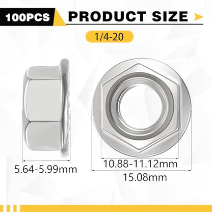 100 Pcs 1/4-20 Flange Nuts, 1/4-20 Serrated Hex Flange Lock Nuts - size: 1/4"-20