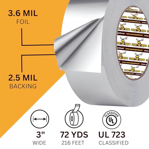 2 Pack Buck Aluminum Foil Tape – 3 Inch x 216ft (72 yd), 3.6 Mil – HVAC Tape for Ductwork, AC, Dryer Vents & Insulation – Silver Foil Tape for Metal Repair, Exhaust Sealing & Air Conditioning - size: 3 Inch, style: 2 Pack