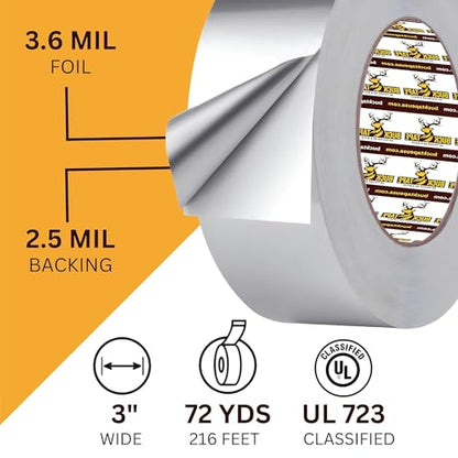 2 Pack Buck Aluminum Foil Tape – 3 Inch x 216ft (72 yd), 3.6 Mil – HVAC Tape for Ductwork, AC, Dryer Vents & Insulation – Silver Foil Tape for Metal Repair, Exhaust Sealing & Air Conditioning - size: 3 Inch, style: 2 Pack