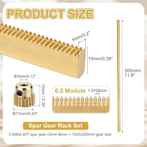 uxcell Brass Spur Gear and Gear Rack 0.5M 20T 10x5x300mm Rack Spur 3mm Bore - size: Gear Bore 3mm, (0.5M-20T)