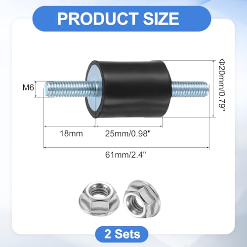 uxcell 2Pcs M6 x 18mm Rubber Mounts, 25 x 20mm Cylindrical Anti Vibration Isolator Studs Shock Absorber Double Studs with Nuts for Car Bobbin Generator Air Compressors - size: M6 x 18mm, 25 x 20mm