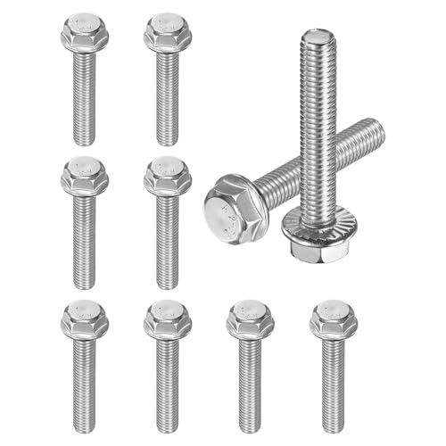 M METERXITY 10 Pack Flanged Hex Head Bolts, M8 x 45mm 304 Stainless Steel External Hex Drive Screws, Metric Fully Threaded Screw for Furniture Car DIY Project [Silver Tone] - size: M8 x 45mm