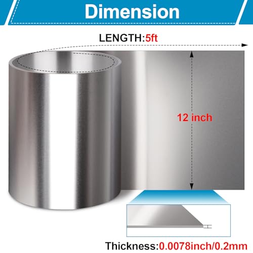 Vigorous 304 Stainless Steel Foil Roll, 12" x 5Ft Stainless Steel Sheet, Full Hard, 0.2mm Thick Stainless Steel Flashing for DIY, Arts & Crafts Project, Decoration, Protection, Kitchen and Bath - size: 12" x 5Ft