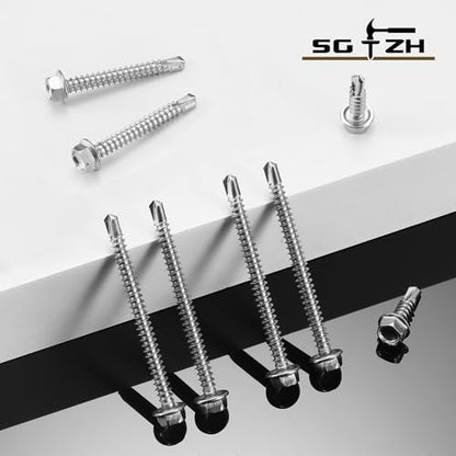 #8 x 1-1/2" Self Drilling Screws (131Pcs) Hex Washer Head 410 Stainless Steel Self Tapping Screws for Metal Sheet Metal Screws with Hex Socket Included - color: Silver, size: #8 x 1-1/2"
