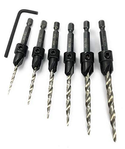 FTG USA 6 Pc Wood Countersink Drill Bit Set #4#6#8#10#12#14 with Hex Key - size: #4#6#8#10#12#14, style: w/o Depth Stop