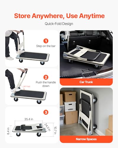 VEVOR Foldable Push Cart Dolly, 660 lbs Load Capacity, Folding Platform Truck with Swivel Wheels, Moving Platform Hand Truck Flatbed Cart, Space Saving Push Handle for Easy Storage 35.4 x 34.3 x 24 in - size: 35.4 x 34.3 x 24.0 in /900 x 870 x 610 mm