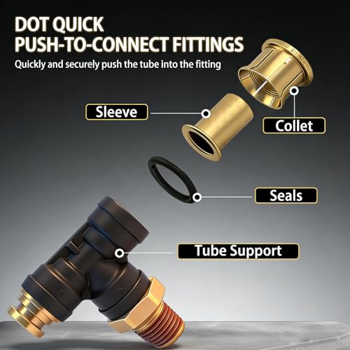 DOT Air Brake Line Tee Fittings, Quick Push to Connect Air Hose Fitting - size: 1/2" OD & 3/8" NPT