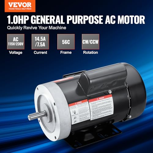 VEVOR 1HP Electric Motor 1725 RPM, AC 115V/230V, 56C Frame, Air Compressor Motor Single Phase, 5/8" Keyed Shaft, CW/CCW Rotation for Agricultural Machinery and General Equipment - size: 1 HP Single Phase-1.88 in Shaft Length