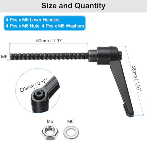 uxcell 4pcs Lever Adjustable Handles M6 x 50mm Metric Male Thread with Nuts Washers, Level Clamping Handle Set Hand Stud Knobs Rotating Screw Handles Bolts with Locking Lever, Black - size: M6 x 50mm