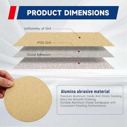 waltyotur 100Pcs Hook and Loop Sanding Discs 5 Inch NO-Hole 120-Grit Sandpaper Sanding Discs Hook and Loop Backing Aluminum Oxide Round Sandpaper for Polishing Accessories - size: 120-Grit, style: 5 Inch