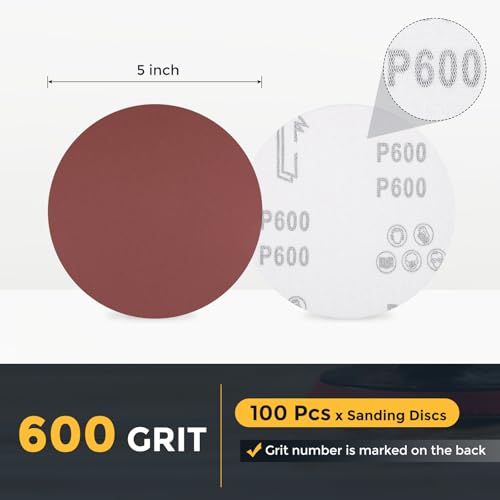 HARFINGTON 100 Pcs 5 Inch Sanding Discs 600 Grit Red Aluminum Oxide - size: 5 Inch(600 Grit)