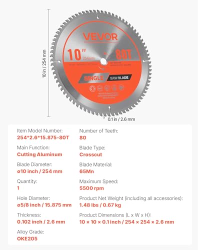 VEVOR Circular Saw Blade, 10 inch Diameter, 80 Sharp Alloy Teeth, 5/8 inch Arbor, Fine Finish, Aluminum Cutting Blade for Circular Saw, with Noise-Reducing Heat Vents, for Cutting Steel and Metal - size: 10" & 80T