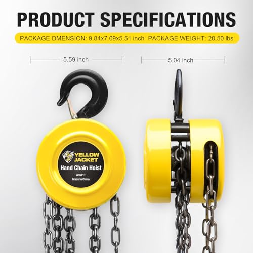 YELLOW JACKET Hand Chain Hoist 1 Ton 2200 Lbs Capacity Chain Block, 10 Feet with 2 Heavy Duty Hooks for Warehouse Automotive Machinery, Manual Chain for Lifting Good, Yellow