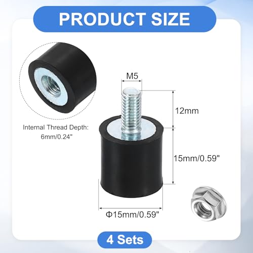 uxcell M5 Rubber Mounts, 4Pcs 15x15mm(DxH) Rubber Cylindrical Anti Vibration Isolator Shock Absorber with Lock Nuts for Car Bobbin Generator Air Compressors - size: M5x12mm, 15x15mm Rubber