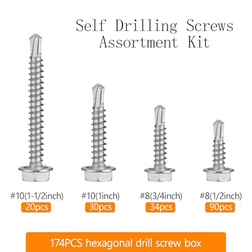 Self Tapping Screws for Metal, Sheet Metal Screws 174 Pcs Stainless Steel Self Drilling Screws #8 1/2" 3/4" #10 1" 1-1/2" Hex Head Sheet Metal Screws Assortment Kits for Metal Roofing, HVAC - size: #8/10-174Pcs