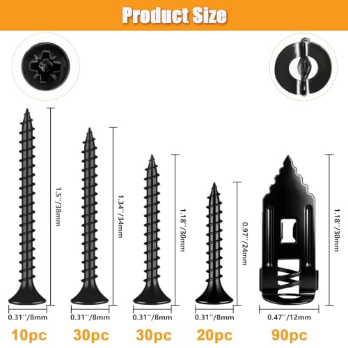 KURUI Self Drilling Anchors and Screws Kit,180 Pc,Metal Anchors for Drywall