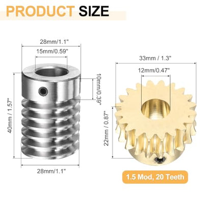 uxcell Worm Gear Set 20T 1.5 Module 20:1 Reduction Rate, Right Rotation Drive Gear Box Wheel Reduce Transmission Part (Brass Gear-12mm Bore, #45 Steel Rod 15mm Bore) - size: 12mm x 15mm