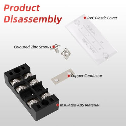APIELE 25A Screw Terminal Block Covered 4 Position Dual Row 4 Position Pre-Insulated Terminal Barrier Strip (6PCS 25A 4P+ 6PCS Wiring Strips)